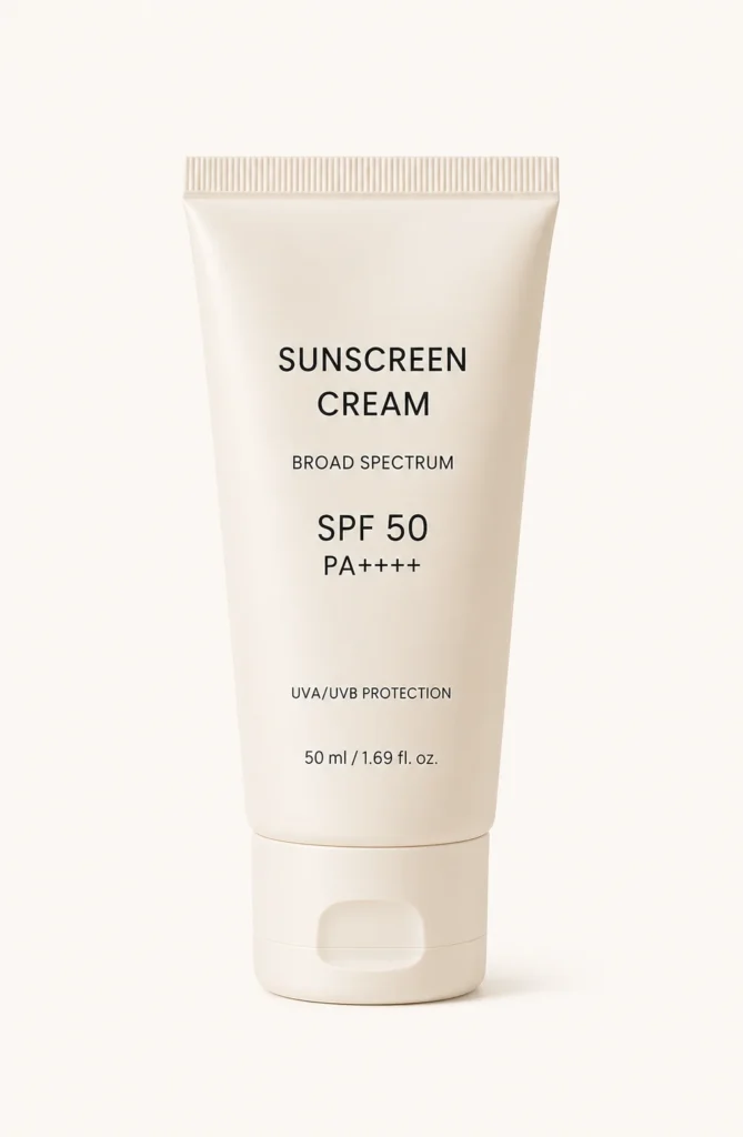A tube of sunscreen cream labeled SPF 50 PA++++, broad spectrum UVA/UVB protection, 50 ml.