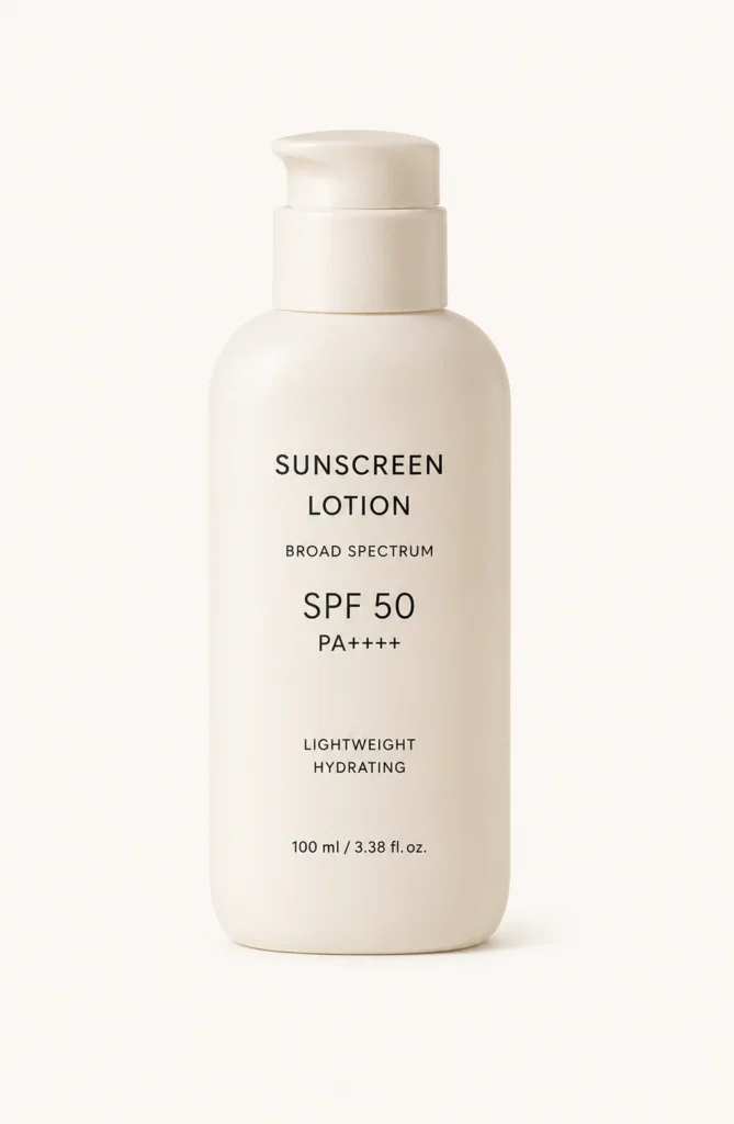 A bottle of sunscreen lotion with SPF 50 and PA++++, labeled as broad spectrum with a lightweight hydrating formula. It holds 100 ml (3.38 fl. oz.).