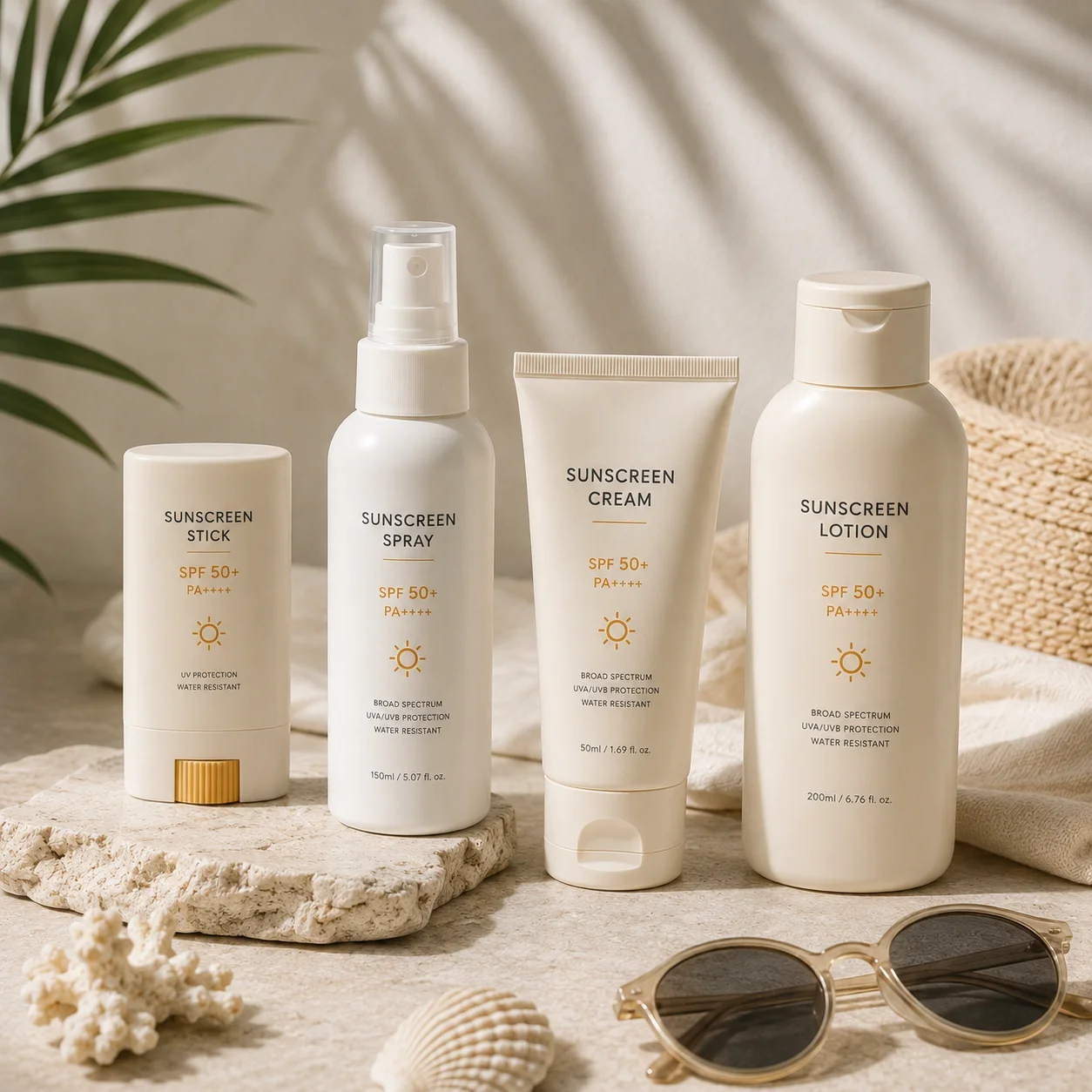 Various sunscreen products including a stick, spray, cream, and lotion with SPF 50+ on a stone surface with a tropical, beach-inspired backdrop.