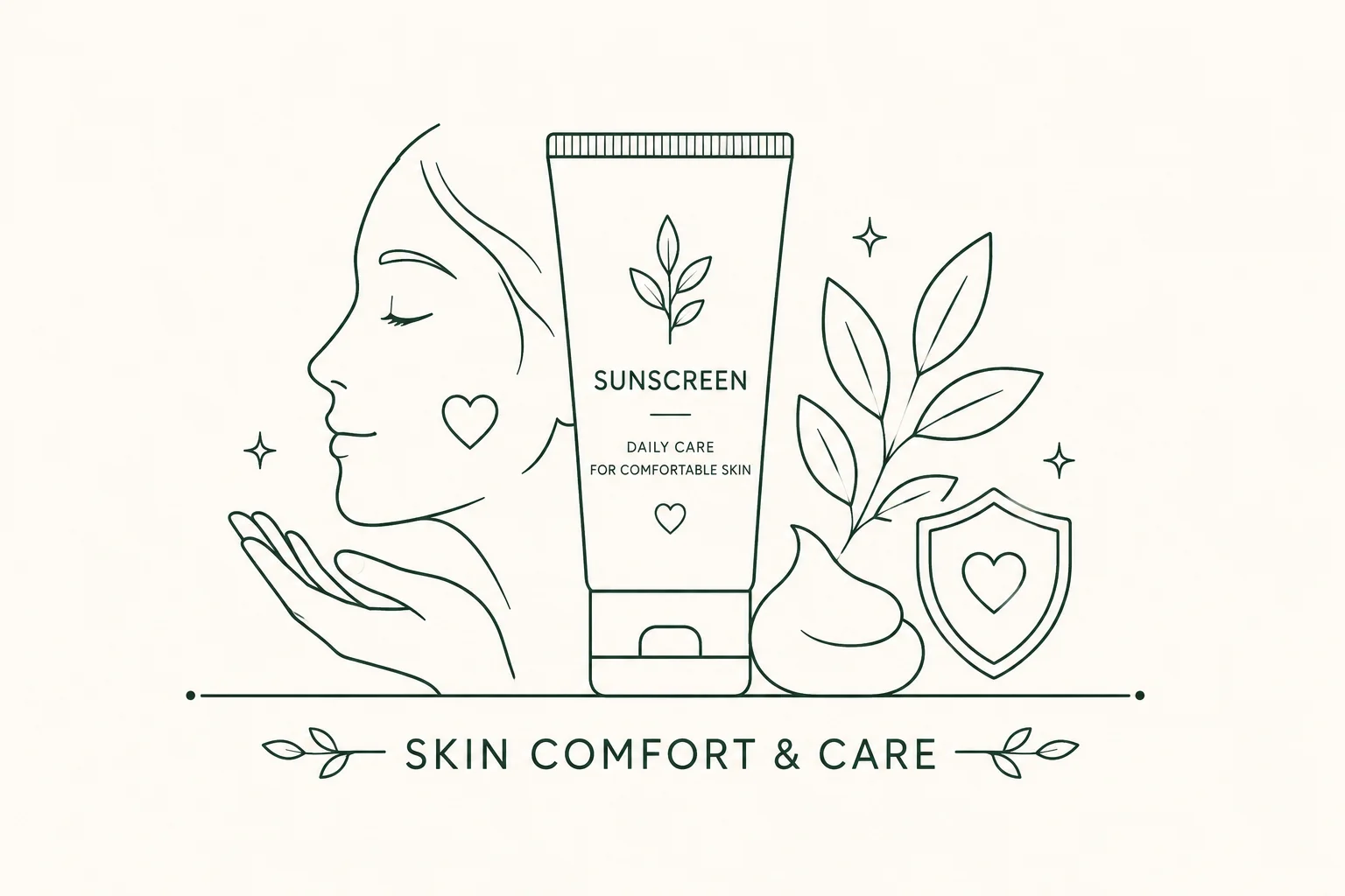 Minimalist line art of a woman's profile with a sunscreen tube, leaves, a shield symbol, and text 'Skin Comfort & Care'.