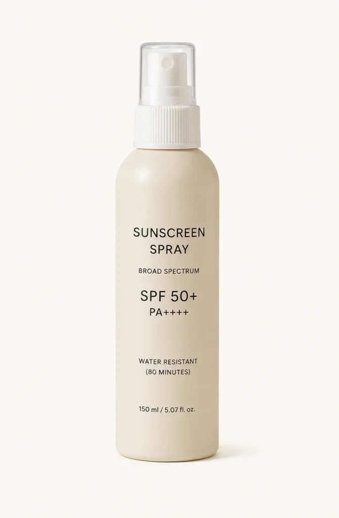 A beige bottle of sunscreen spray labeled with SPF 50+, PA++++, broad spectrum, water resistant (80 minutes), and 150 ml capacity.