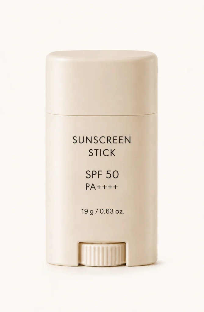 Beige sunscreen stick with SPF 50 PA++++, 19g (0.63 oz.), on a neutral background.