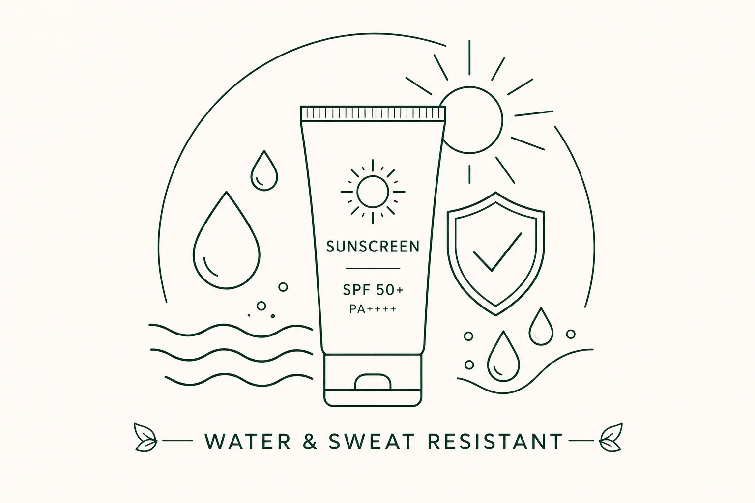 Illustration of a sunscreen tube labeled SPF 50+ and PA++++, emphasizing water and sweat resistance with surrounding sun, shield, and water droplet icons.