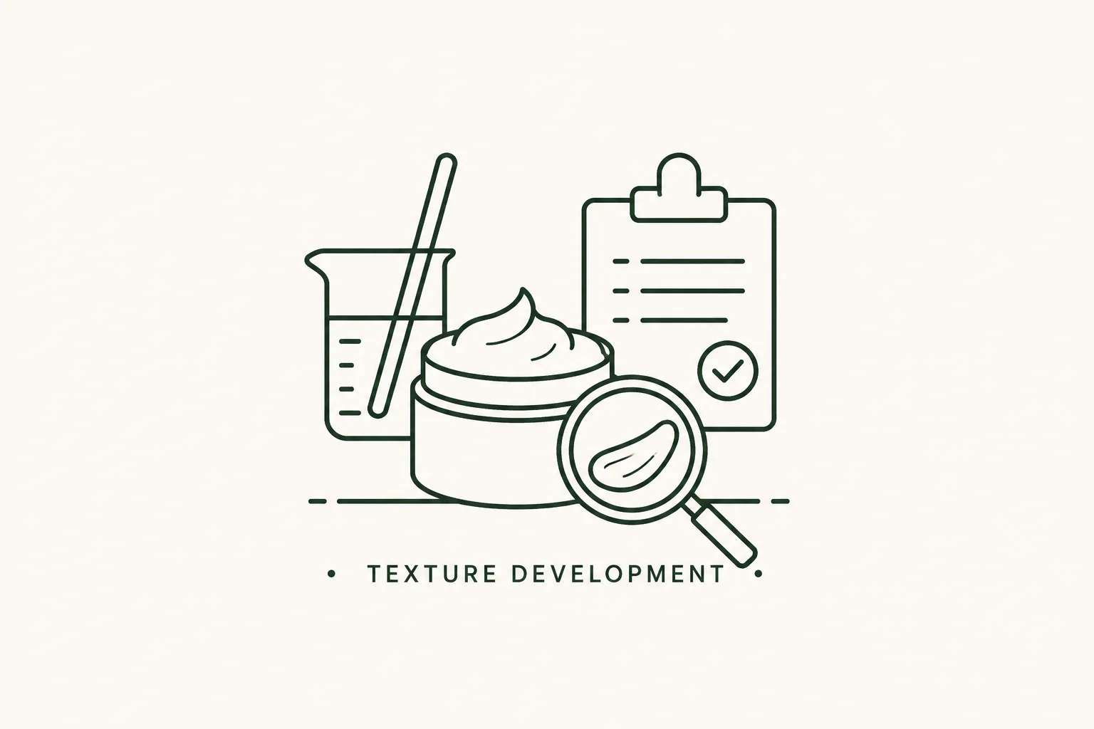 Illustration of a skincare development process showing a jar of cream, a beaker with a stirring rod, a magnifying glass, and a checklist.