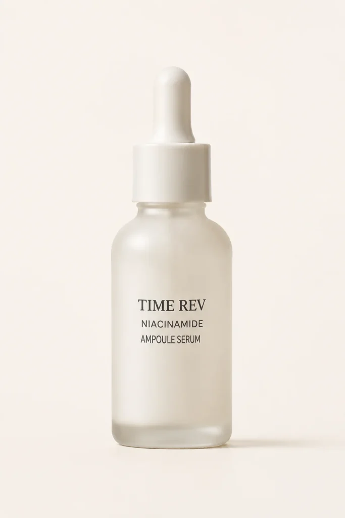 Clear frosted bottle of Time Rev Niacinamide Ampoule Serum with a white dropper cap against a light beige background.