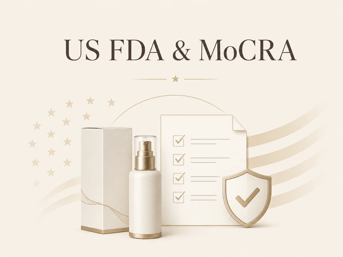 A conceptual image showing FDA and MoCRA compliance with a checklist, a cosmetic spray bottle, packaging box, and shield icon representing regulation and safety.