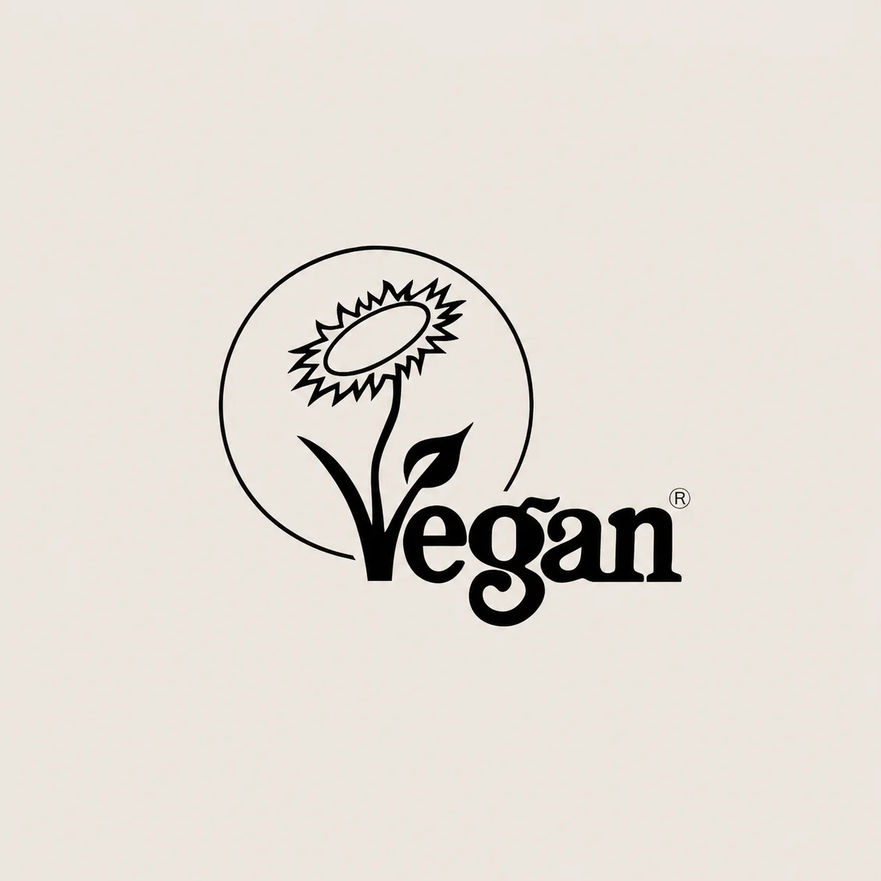 A black minimalist logo featuring a sunflower above the word 'Vegan' in bold text, symbolizing vegan certification.