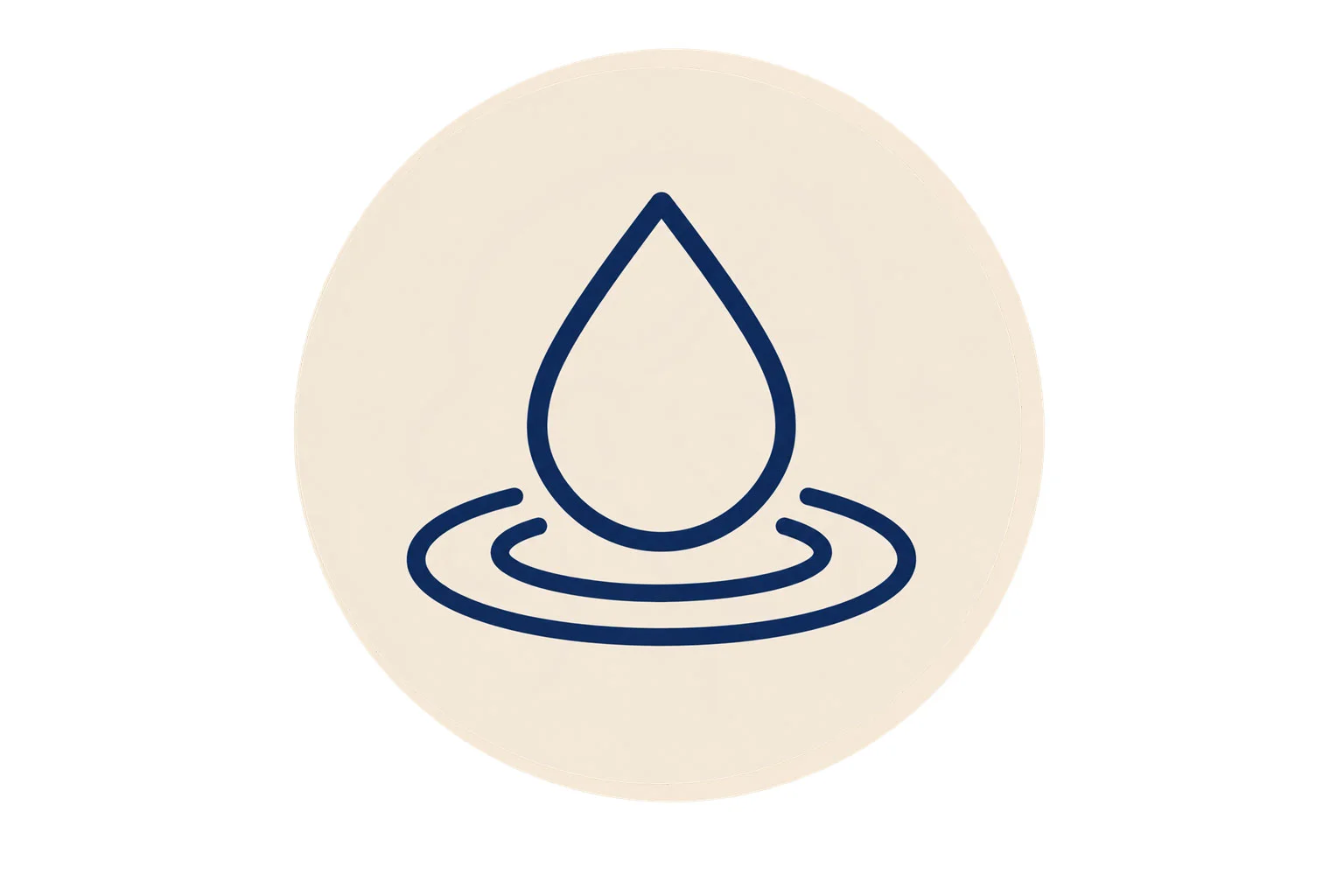 Minimalist blue water drop icon with circular ripples on a beige background, signifying water or fluidity.