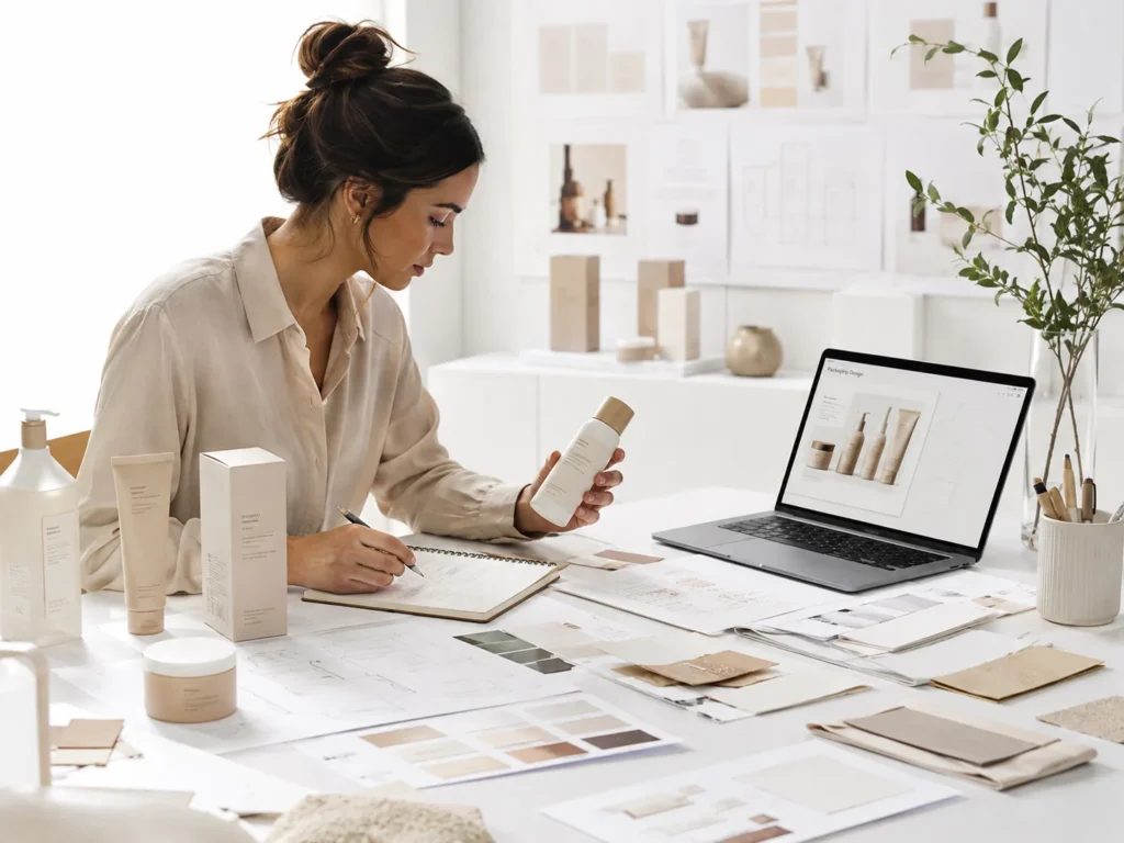 Woman sitting at a desk with skincare products, notebook, and laptop designing product packaging in a well-lit creative workspace.