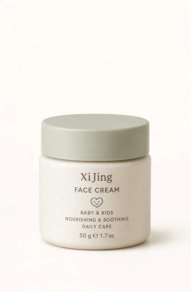 Xi Jing face cream for babies and kids in a simple, elegant jar with a beige lid. Product label reads 'nourishing & soothing daily care'.