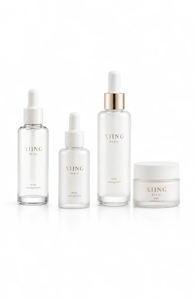 Xiing Basic skincare product line featuring mild calming ampoule, serum, toner, and cream in minimalist bottles and packaging.