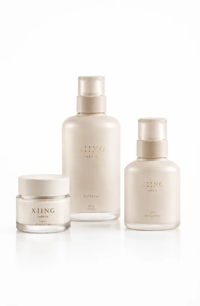 Three Xiing Fabric beauty products, including a cream jar, softener bottle, and oil bottle, in elegant cream-colored packaging against a white background.