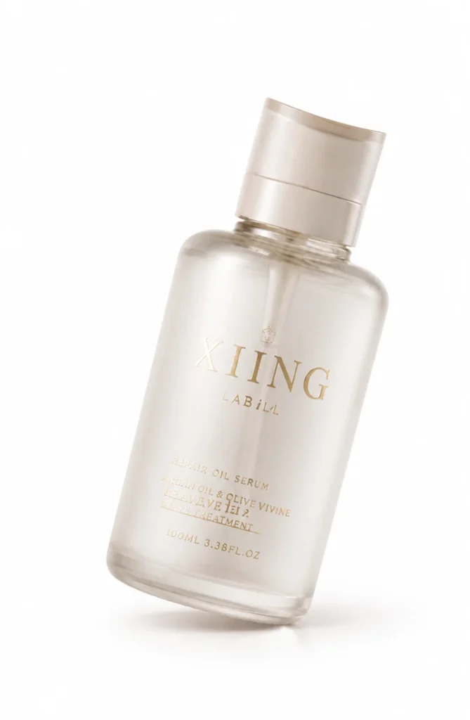 Xiing Labill repair oil serum bottle with a light gold cap and clear packaging featuring label text for argan oil and olive vivine treatment, 100ml size.