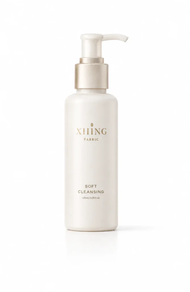A white bottle of Xiing Fabric Soft Cleansing lotion with a pump dispenser, holding 120ml (4.05 fl.oz.).