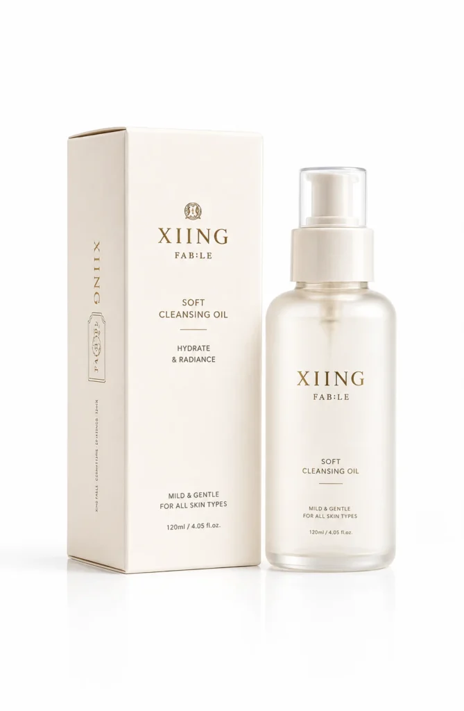 Xiing soft cleansing oil bottle alongside its packaging box, labeled as mild and gentle for all skin types.