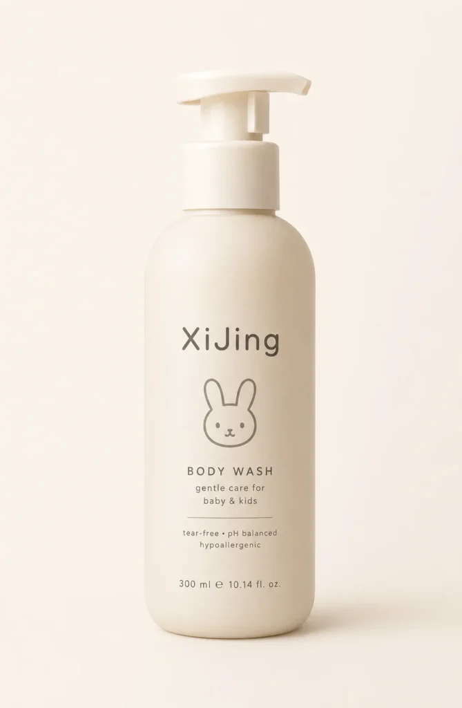 XiJing baby and kids body wash bottle with a pump dispenser, featuring a minimal design with a bunny logo. Tailored for gentle care, tear-free, pH balanced, and hypoallergenic.