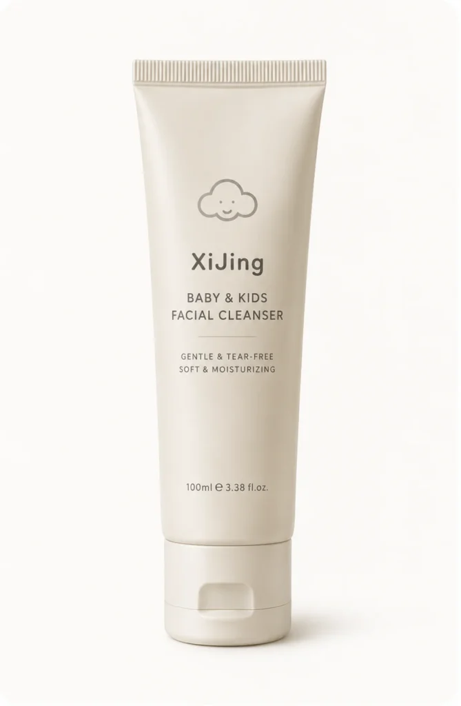 XiJing Baby & Kids Facial Cleanser in a beige tube with a cloud logo, featuring tear-free, soft, and moisturizing formula.