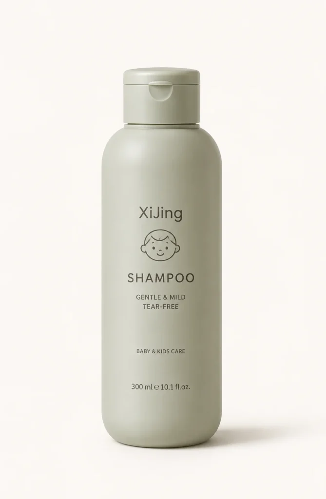 XiJing gentle and mild tear-free baby and kids shampoo in a 300 ml light green bottle with a simple design.