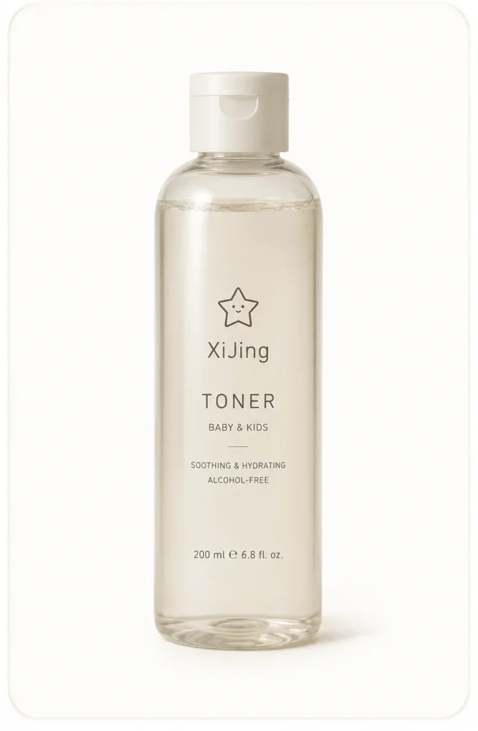 A clear 200ml bottle of XiJing toner for babies and kids, labeled as soothing, hydrating, and alcohol-free.