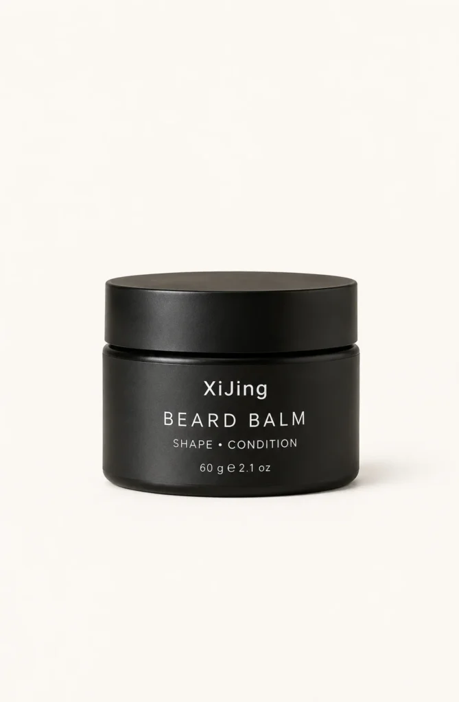 A black jar of XiJing Beard Balm labeled for shaping and conditioning, containing 60g or 2.1oz of product, on a neutral background.