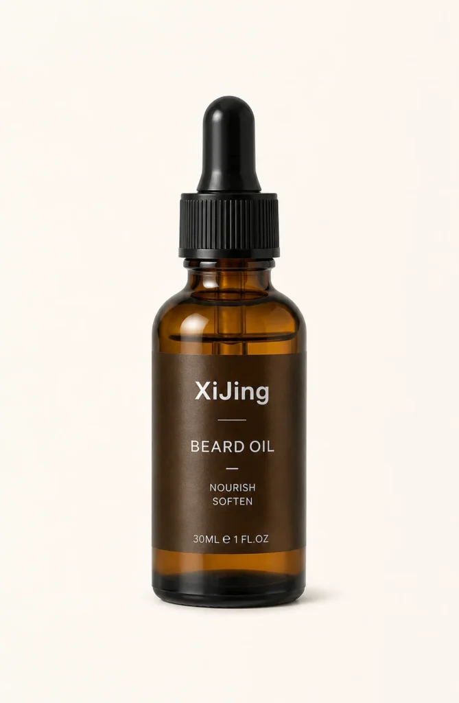 Amber glass bottle of XiJing beard oil with a black dropper cap and label displaying text about nourishing and softening properties, 30ml size.