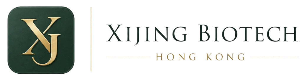Logo design for Xijing Biotech Hong Kong featuring a green emblem with gold initials 'XJ' and accompanying text.