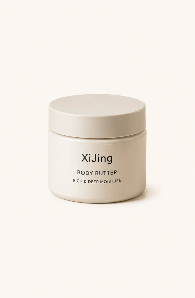 XiJing body butter in a minimalist beige jar with text 'Rich & Deep Moisture' on a neutral background.