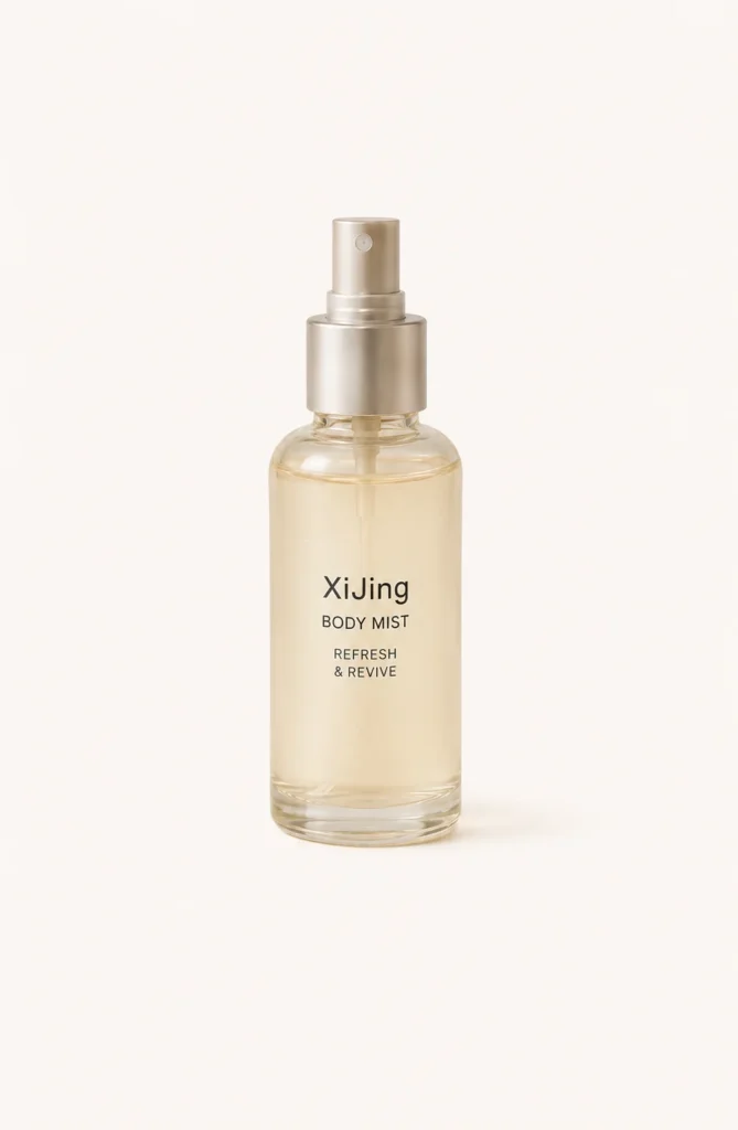 A clear glass bottle of XiJing body mist labeled 'Refresh & Revive' with a sleek silver spray top on a light background.