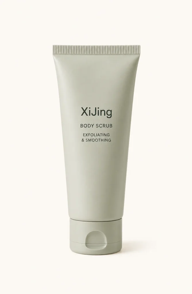 XiJing body scrub in a beige tube labeled 'Exfoliating & Smoothing', displayed against a neutral background.