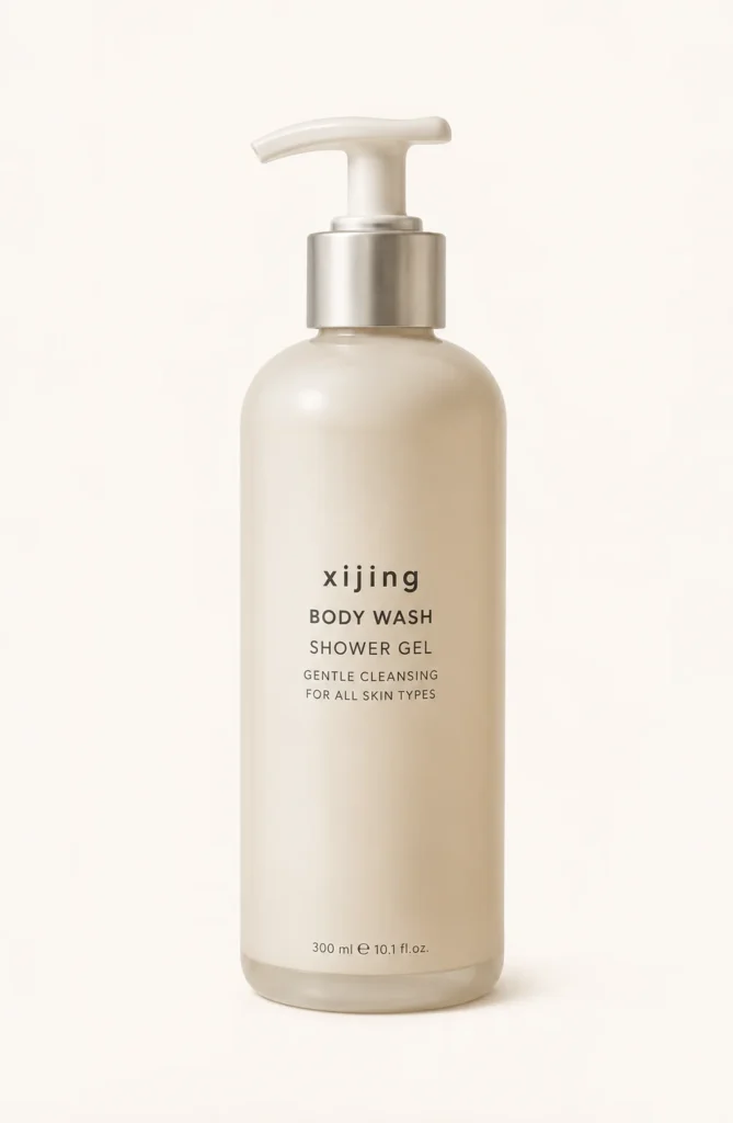 Xijing body wash shower gel in a 300 ml pump bottle, labeled for gentle cleansing for all skin types, on a neutral background.