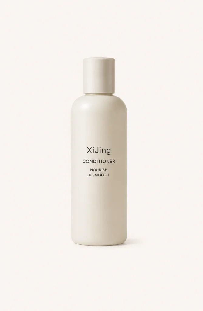 XiJing conditioner in a minimalist beige bottle labeled 'Nourish & Smooth' on a light background.
