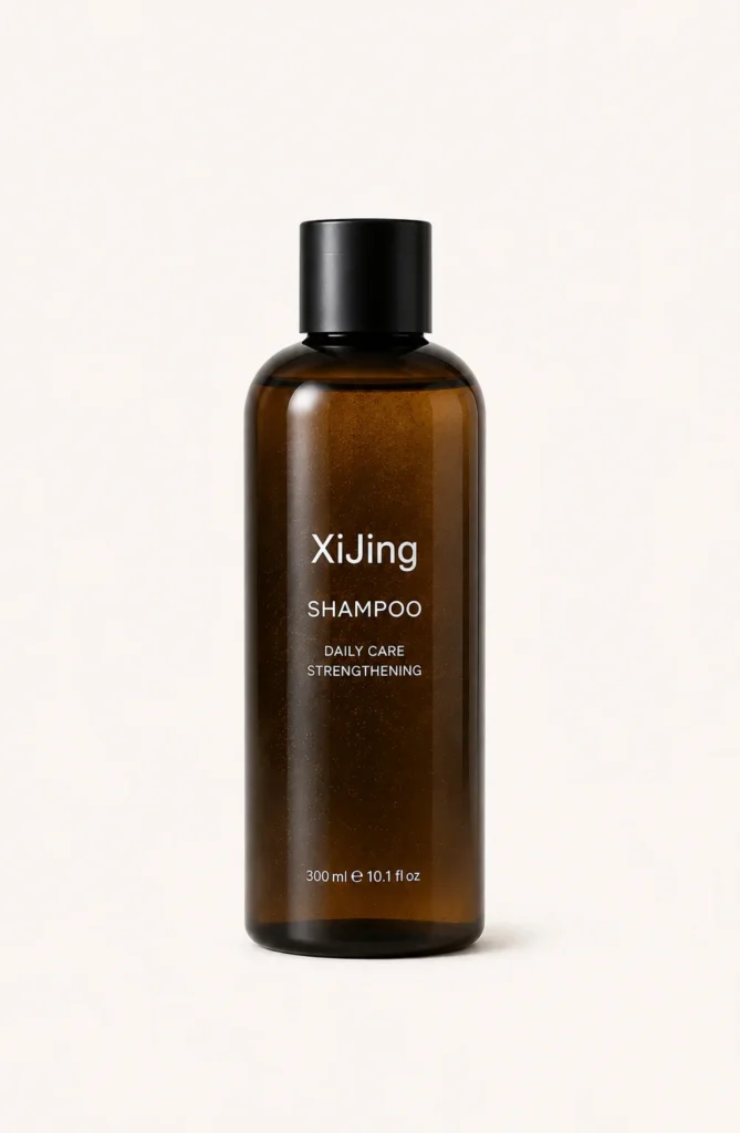 XiJing daily care strengthening shampoo in an amber-colored bottle with black cap, 300 ml size, against a plain background.