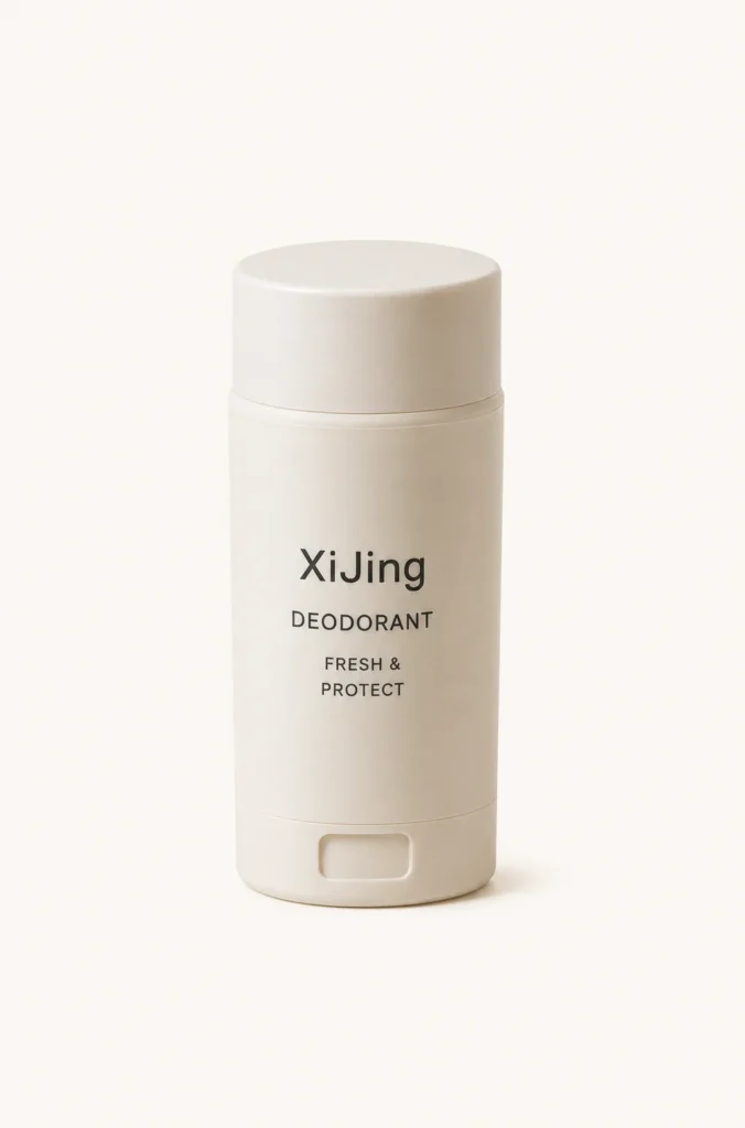 XiJing deodorant stick with fresh and protect formula in a minimalist beige container on a light background.