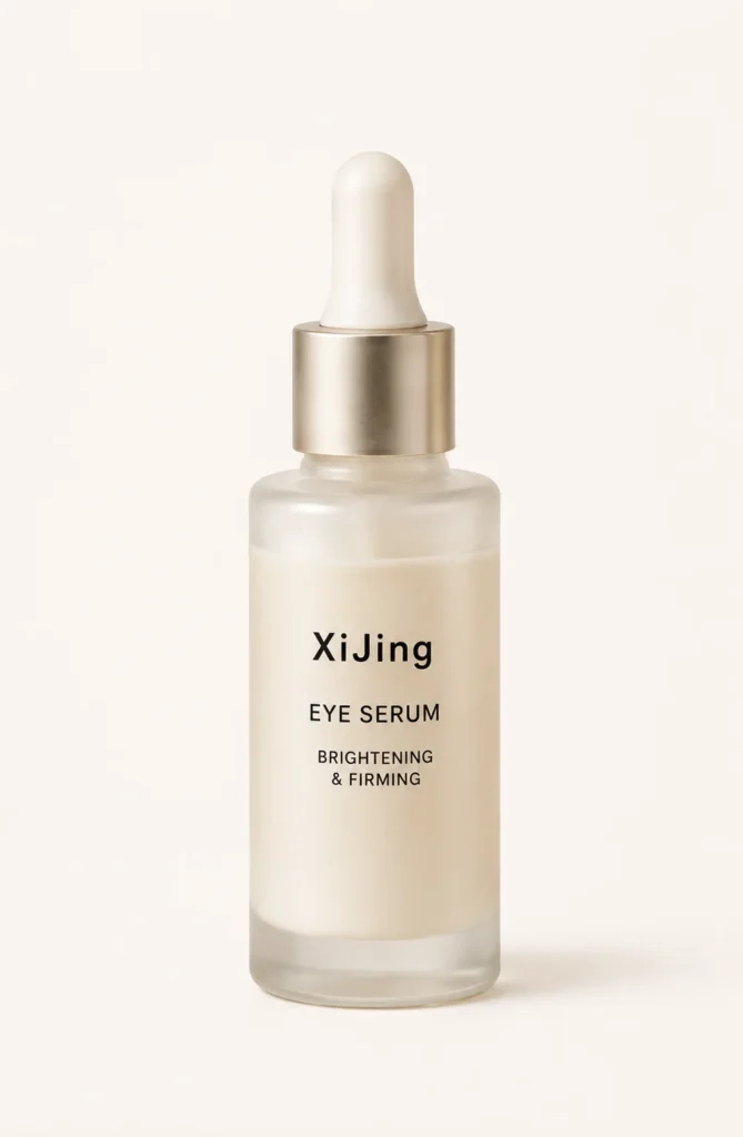 Bottle of XiJing Eye Serum with a dropper cap, labeled for brightening and firming on a beige background.