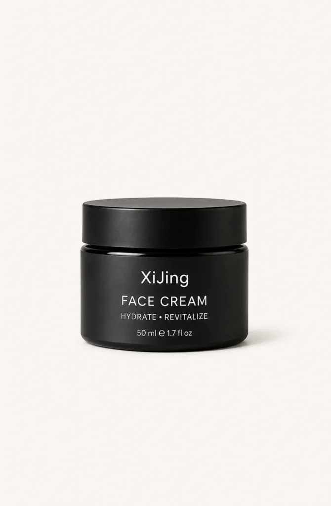 Black jar of XiJing face cream with text stating 'Hydrate • Revitalize' and 50ml size displayed on a white background.