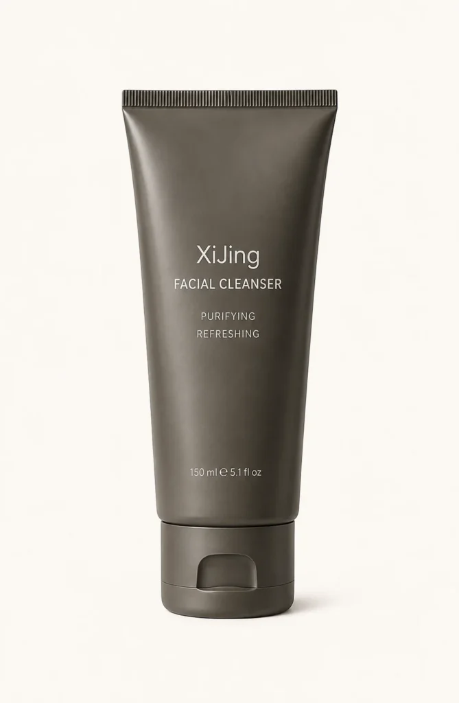XiJing facial cleanser tube in dark gray packaging labeled 'purifying' and 'refreshing,' with a 150 ml capacity.
