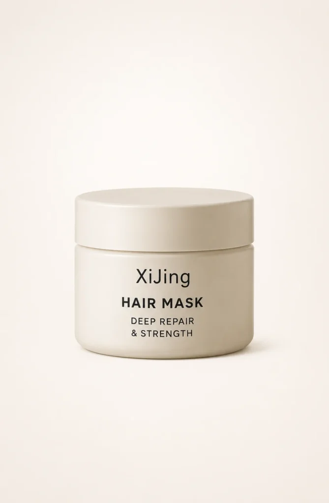 A light beige jar of XiJing Hair Mask labeled 'Deep Repair & Strength' against a plain background.