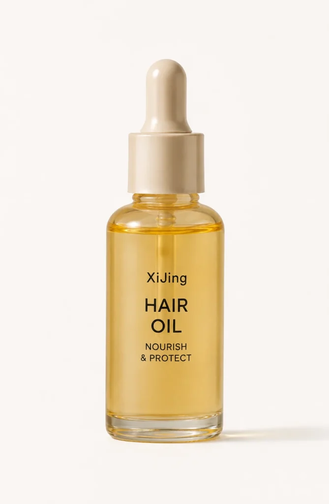 XiJing hair oil in a glass bottle with dropper, labeled 'Nourish & Protect', on a light background.
