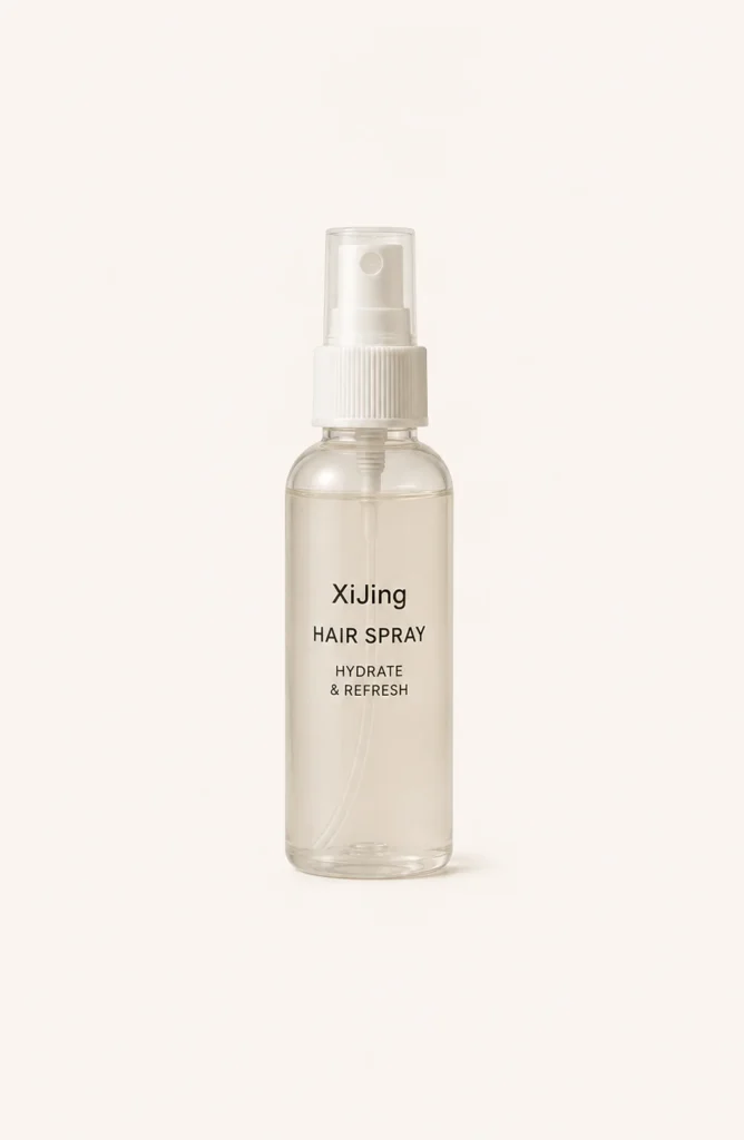 Clear bottle of XiJing hair spray with a white pump nozzle, featuring text 'Hydrate & Refresh' on the label, against a plain white background.