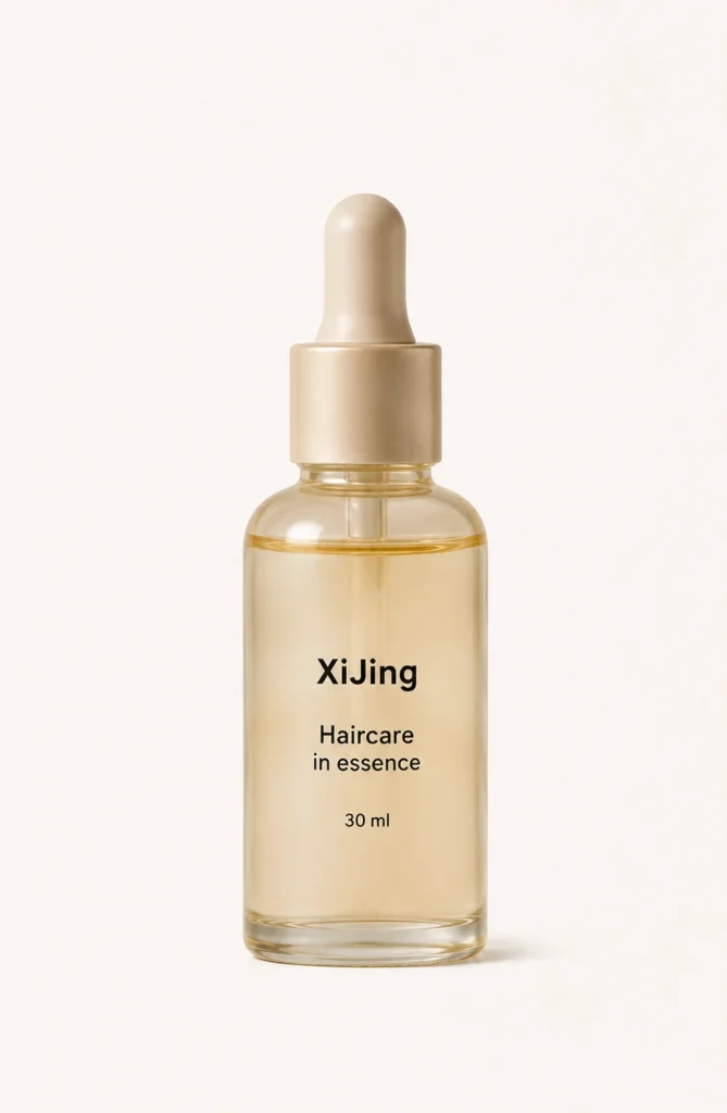 XiJing haircare product in a transparent 30ml glass dropper bottle with beige cap, displayed against a plain background.