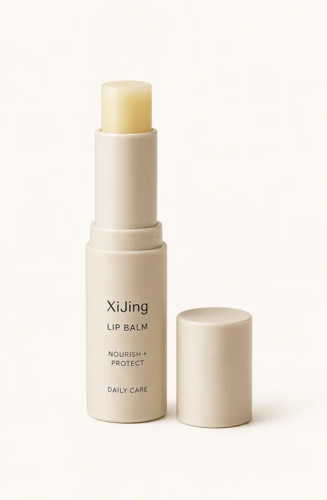 XiJing lip balm with nourishing and protective properties shown with its cap removed, presented in minimalist beige packaging.