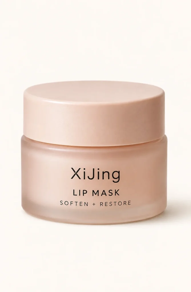 Xijing lip mask in a minimalistic beige jar with the text 'Soften + Restore' displayed, designed for lip care.