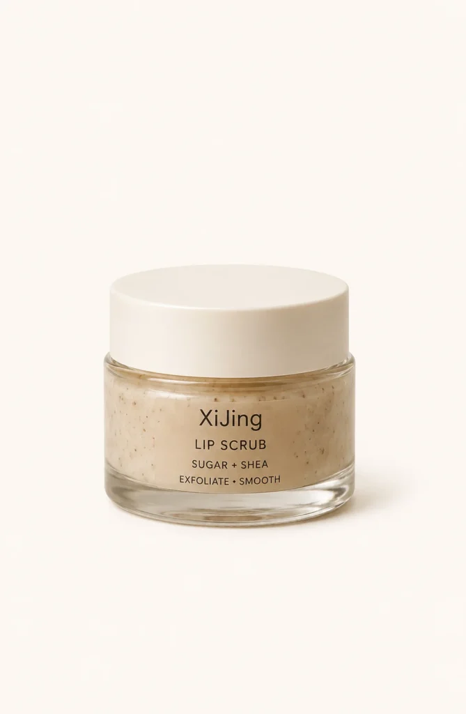 A jar of XiJing lip scrub with sugar and shea, featuring a minimalist design and light beige-colored scrub inside.