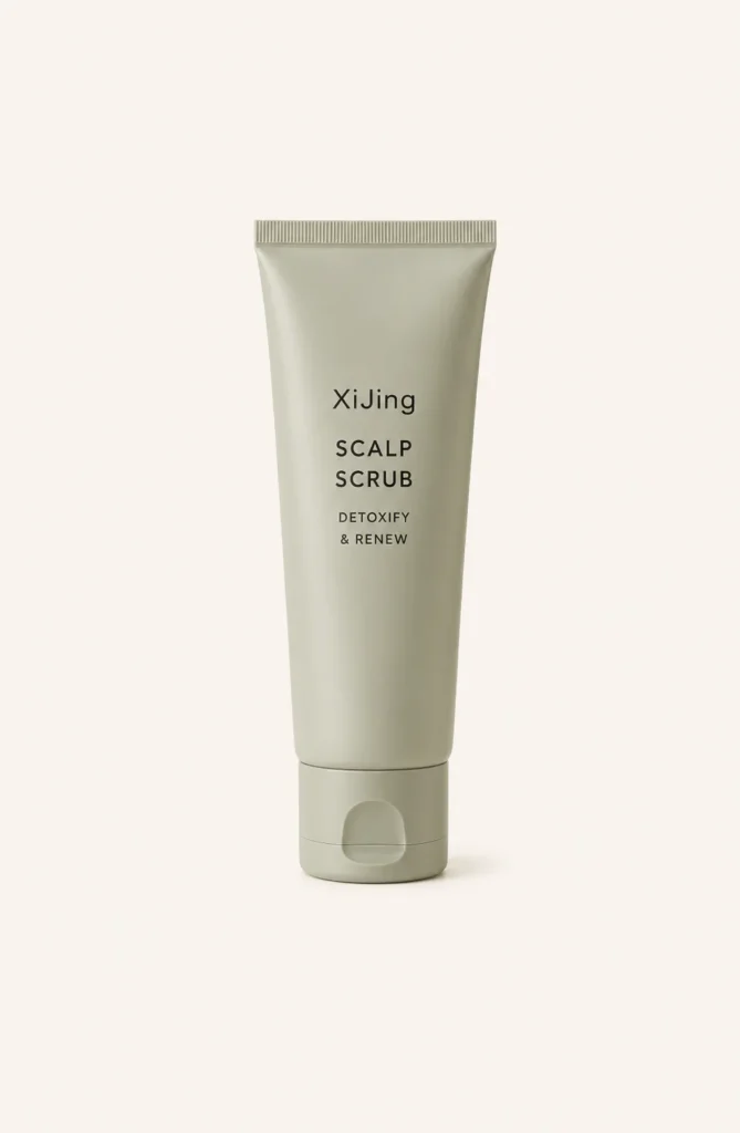 Beige tube of XiJing Scalp Scrub with 'Detoxify & Renew' label on a neutral background.