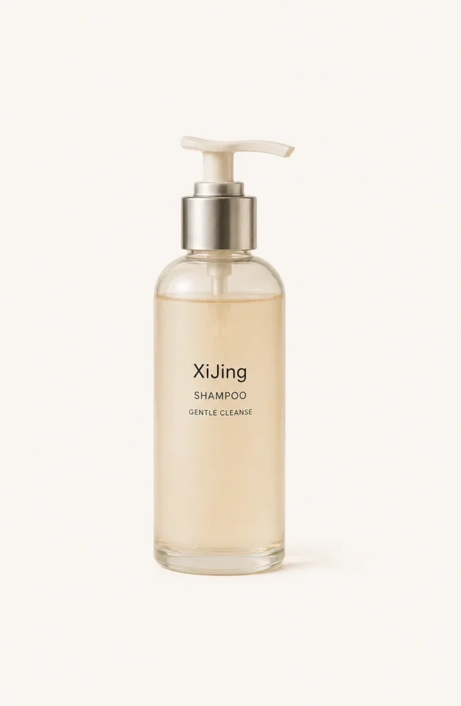 A transparent pump bottle of XiJing shampoo with 'Gentle Cleanse' written on the label, placed on a neutral background.
